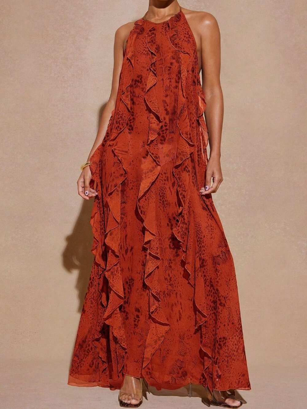 Multicolor Casual Women's All-Over Print Halter Neck Tie-Up Backless Maxi Dress - Picture 3 of 5